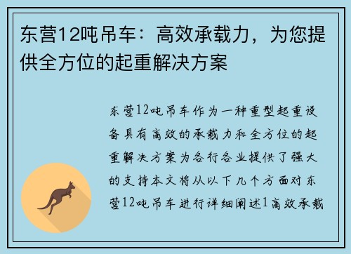 东营12吨吊车：高效承载力，为您提供全方位的起重解决方案