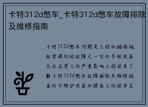 卡特312d憋车_卡特312d憋车故障排除及维修指南