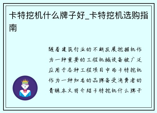 卡特挖机什么牌子好_卡特挖机选购指南