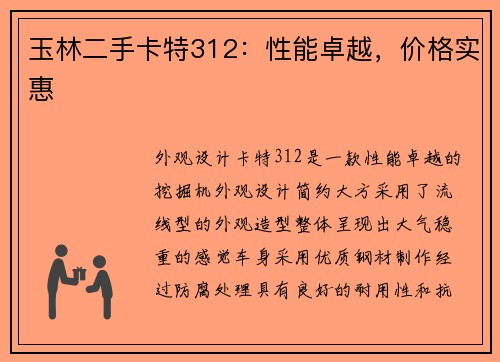 玉林二手卡特312：性能卓越，价格实惠